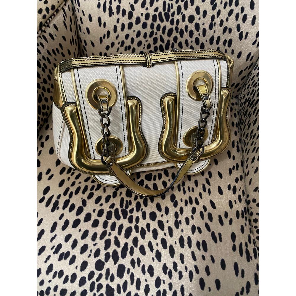 Vintage 00's Fendi Canvas And Gold Patent Leather B. Bag